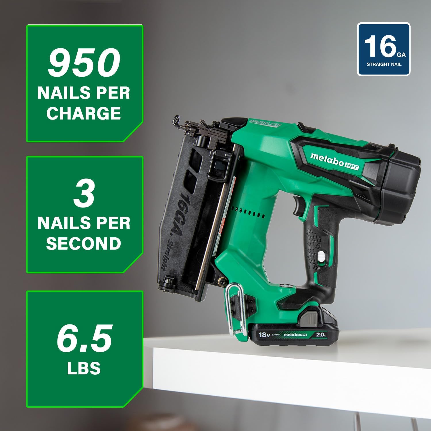 Metabo HPT 18V MultiVolt Brushless Cordless Finish Nailer Kit, 16 Gauge Straight Finish Nailer with Power Tool 2.0Ah Lithium Ion Battery, Drives 1' to 2-1/2' Nails, NT1865DMST