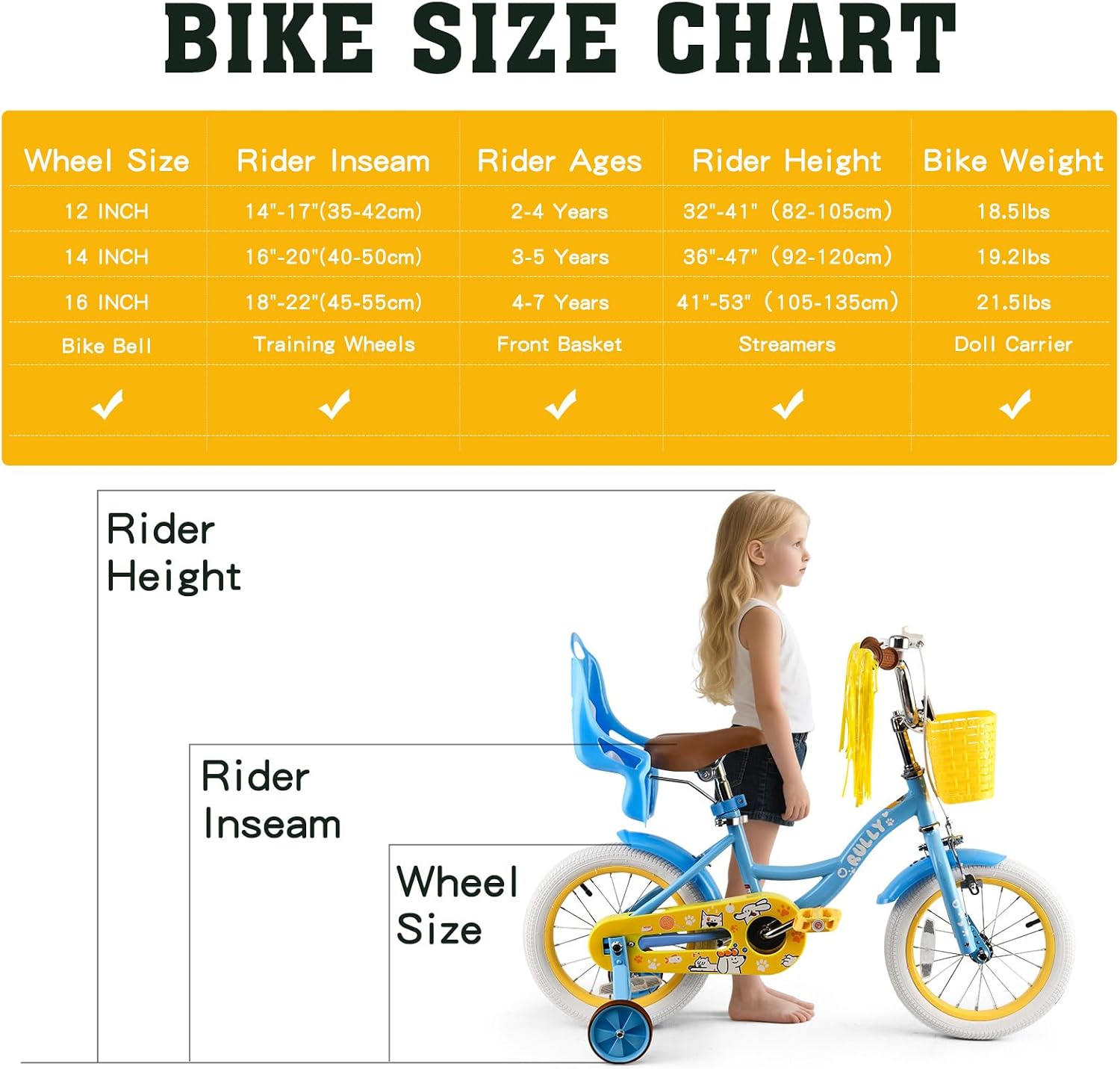 RULLY 12 14 16 Inch Girls Bike with Doll Seat Basket and Training Wheels for 2-6 Years Children