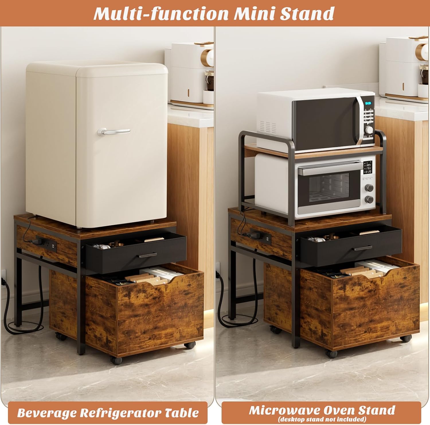 Unikito Mini Fridge Stand with Drawer Storage and Sockets, Heavy Duty Small Refrigerator Stand Cart for Dorm, Apartment, Office, Bedroom, Mini Fridge and Microwave Stand, Hold 300LBS, Rustic Brown