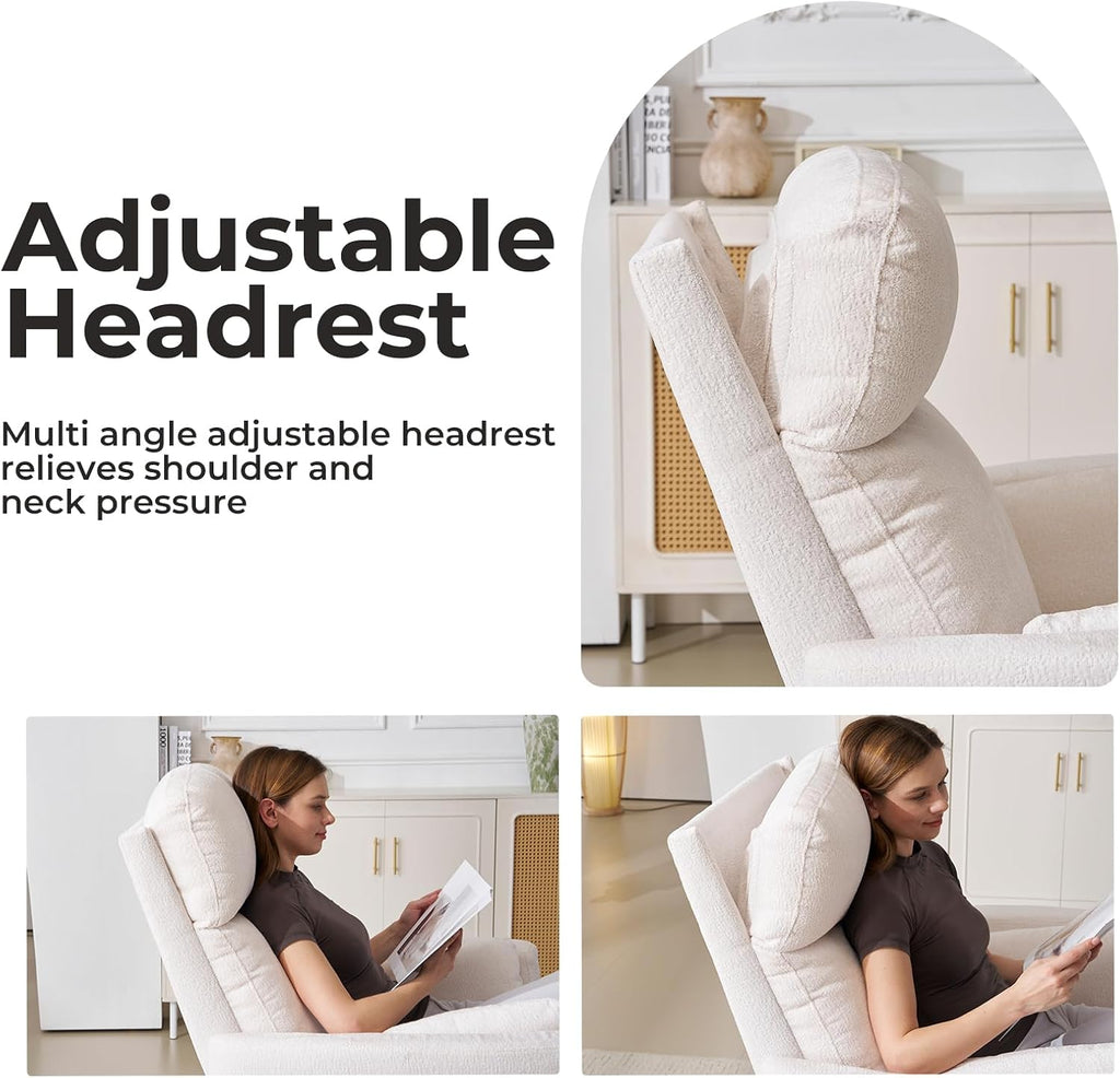 Oversized Swivel Rocker Recliner Chair with Storage Ottoman, Manual Swivel Glider Rocker Recliner with Massage and Heat, Rocking Nursery Chair with 2 Bolster Pillows, Adjustable Headrest, White