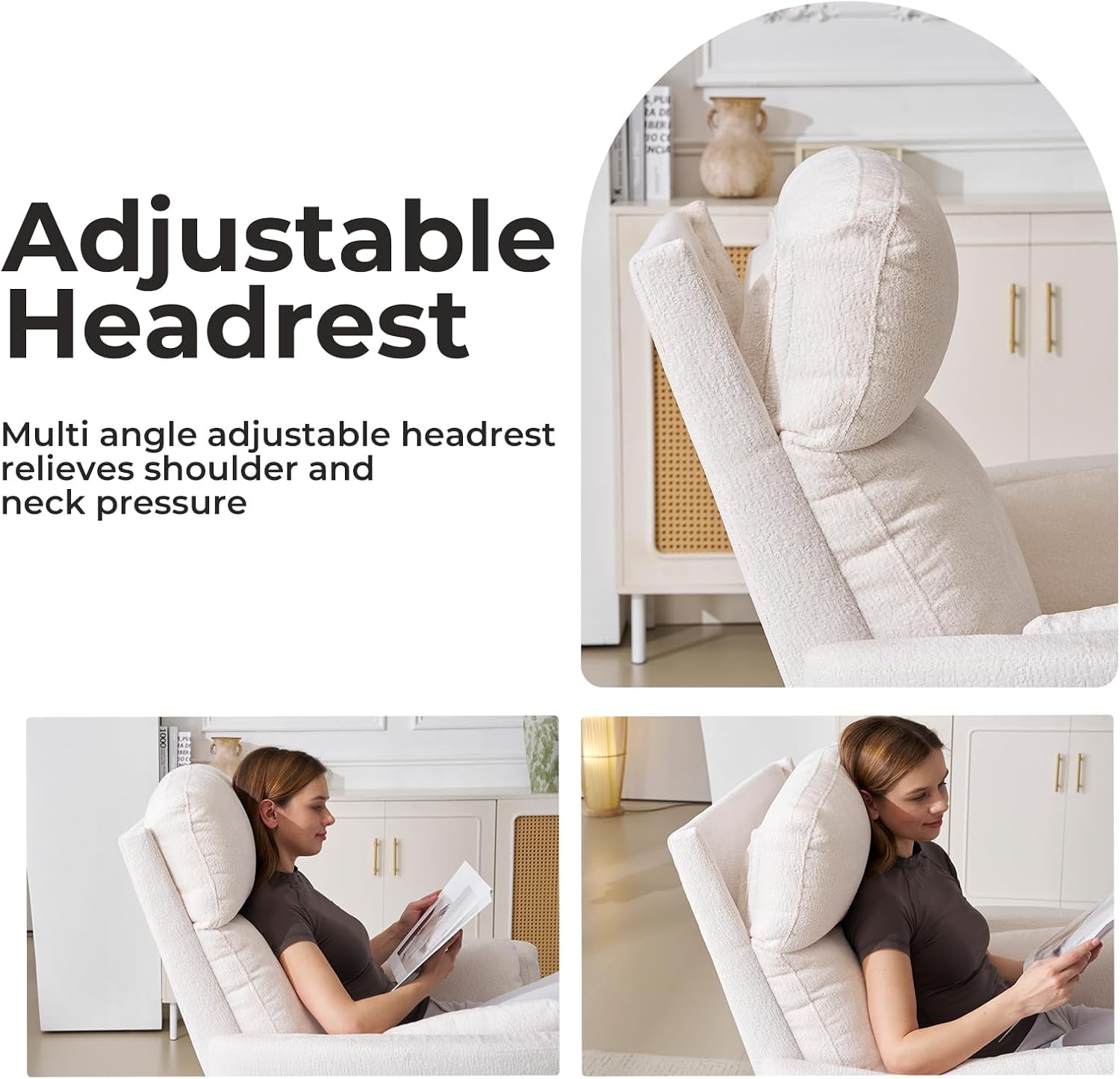 Oversized Swivel Rocker Recliner Chair with Storage Ottoman, Manual Swivel Glider Rocker Recliner with Massage and Heat, Rocking Nursery Chair with 2 Bolster Pillows, Adjustable Headrest, White