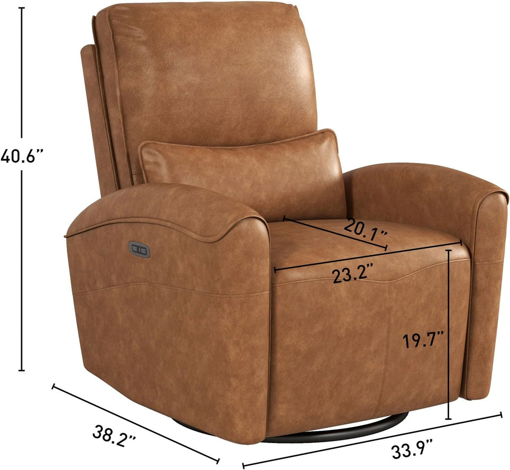 Bonzy Home Power Swivel Rocker Recliner Chair with USB Port, 23.2' Wide Seat, Fixed Lumbar Support, Upholstered Glider Chair for Nursery Living Room, Brown