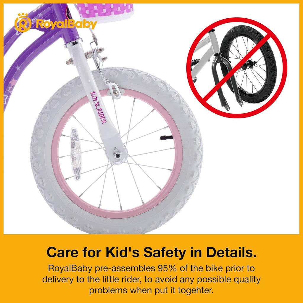 RoyalBaby Stargirl 12 Inch Kids Outdoor Bicycle with Accessory Basket, Bell, Thick Wheels, and Safety Training Wheels for Ages 2-4, Purple
