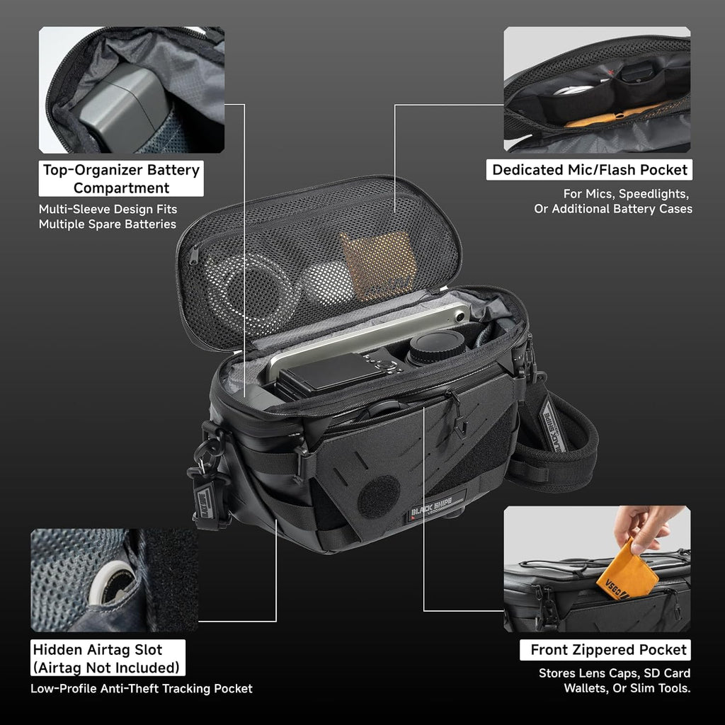 VSGO Black Snipe Pro 7-9L Expandable Camera Sling Bag – Waterproof Techwear Fabric, Anti-Twist, Modular Dividers & Tripod Holder, Lightweight Professional Camera Bag