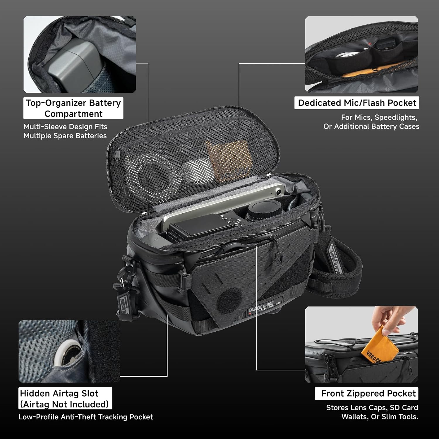 VSGO Black Snipe Pro 7-9L Expandable Camera Sling Bag – Waterproof Techwear Fabric, Anti-Twist, Modular Dividers & Tripod Holder, Lightweight Professional Camera Bag