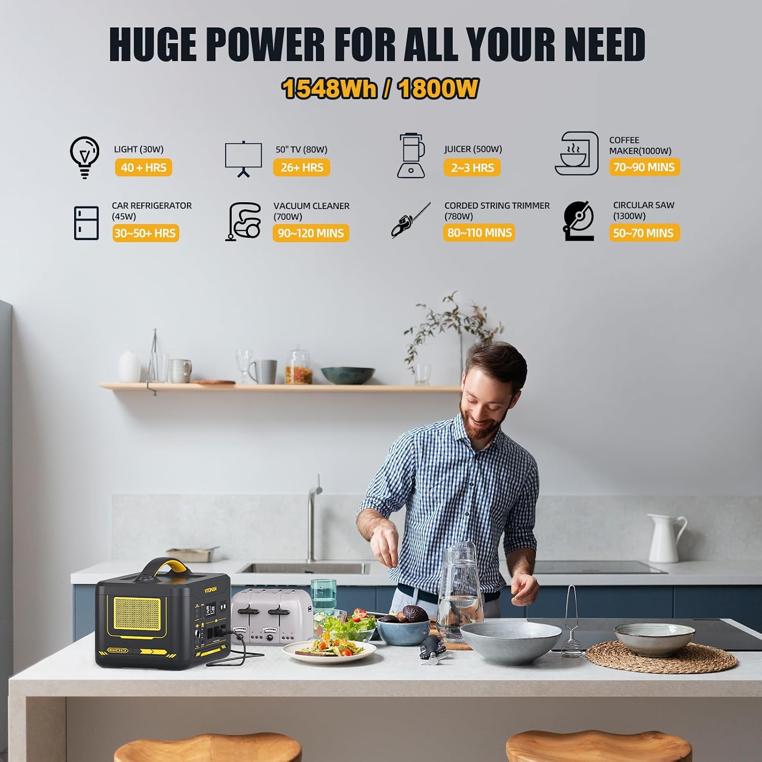 VTOMAN Jump 1800 Portable Power Station with 110W Solar Panel, 1548Wh LFP Battery 1800W AC Outlets (3600W Peak) /100W USB-C Output Fast Charge, Large Solar Generator for for Outdoor, Camping, Backup