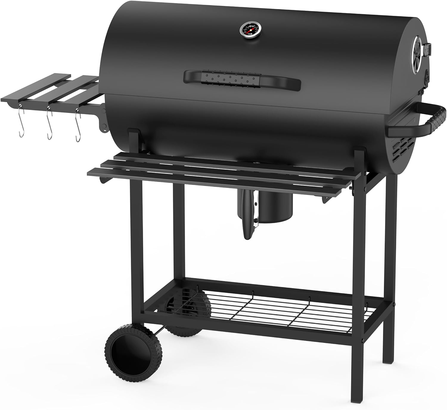 29' Barrel Charcoal Grill, Spacious Smoker Barrel Barbecue Grill with Side Front Table, Outdoor Barbecue Grills for Backyard, Camping, and Picnics, Black