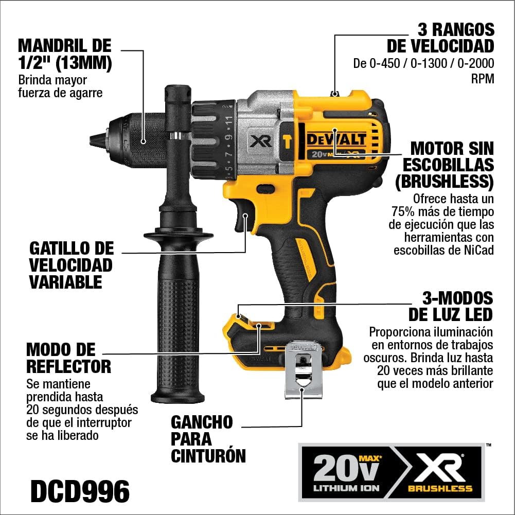 DEWALT 20V MAX XR Cordless Hammer Drill Driver Brushless, Heavy Duty 1/2', 3-Speed, Tool Only (DCD996B)