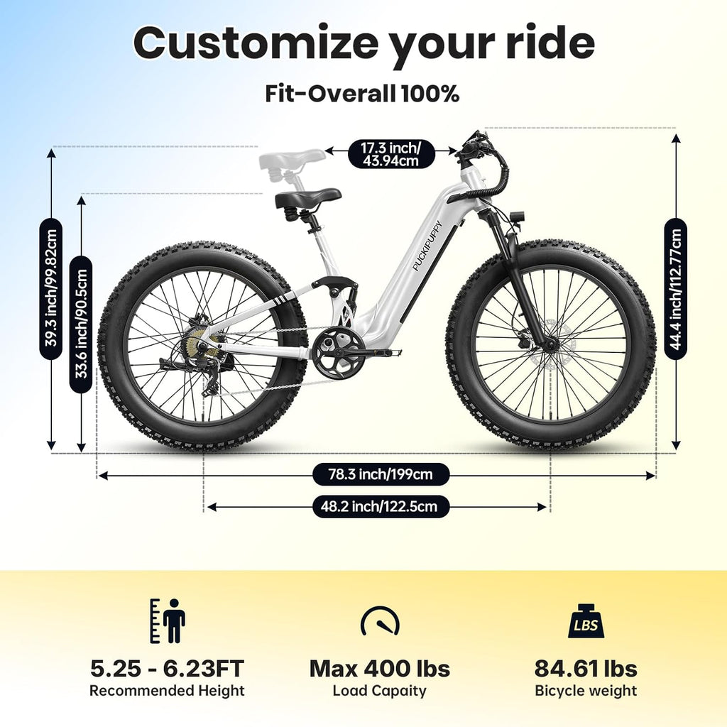 PUCKIPUPPY Battery+Electric Bike for Adults 960W(Peak), 48V 20AH Battery Adult Electric Bicycles, 26' Fat Tire Full Suspension Step-Thru Ebike, 28MPH Mountain Ebike, 7 Speed, 80Miles Range