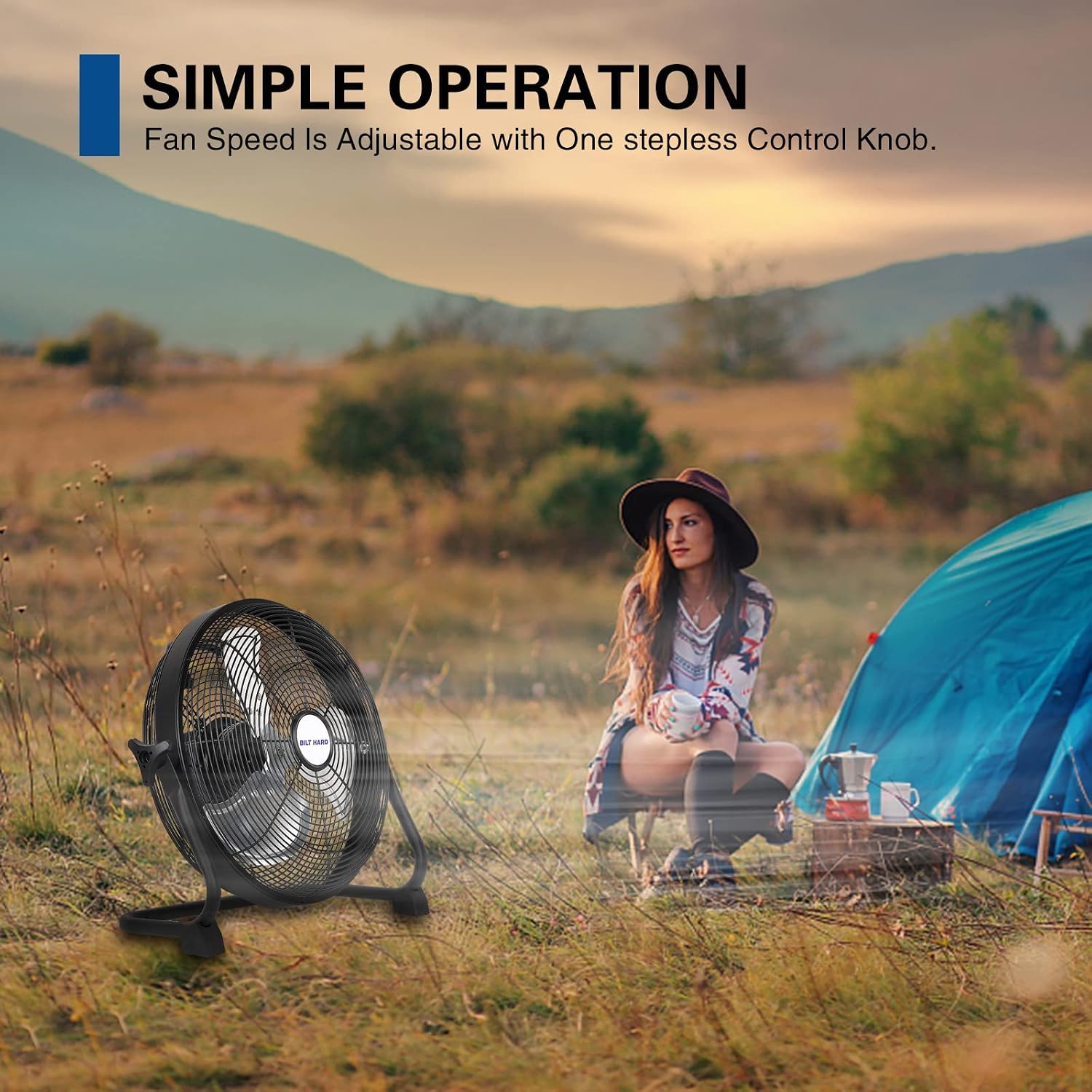 BILT HARD 16 Inch Rechargeable Battery Operated Outdoor Floor Fan, 15600mAh Battery Powered High Velocity Portable Fan with Metal Blade, USB Output for Travel, Camping, Backyard