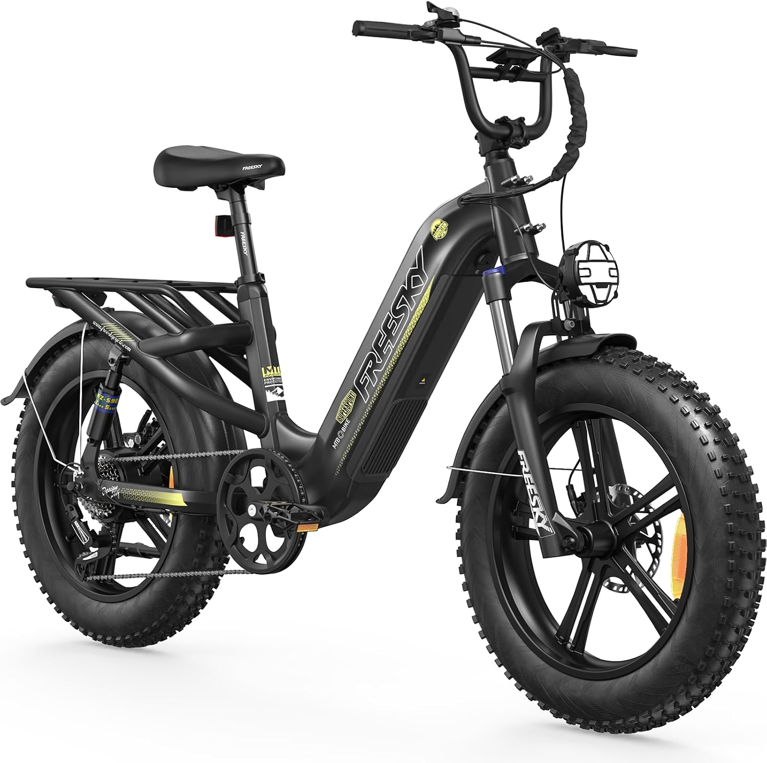 FREESKY 2026 Upgraded Rocky Pro Torque Sensor Electric Bike for Adults, 48V 25Ah Samsung Cells Battery, 105 Miles Range, 33MPH Fat Tire Step-Thru E Bike, 20' Full Suspension Cargo Bicycles, 8-Speeds