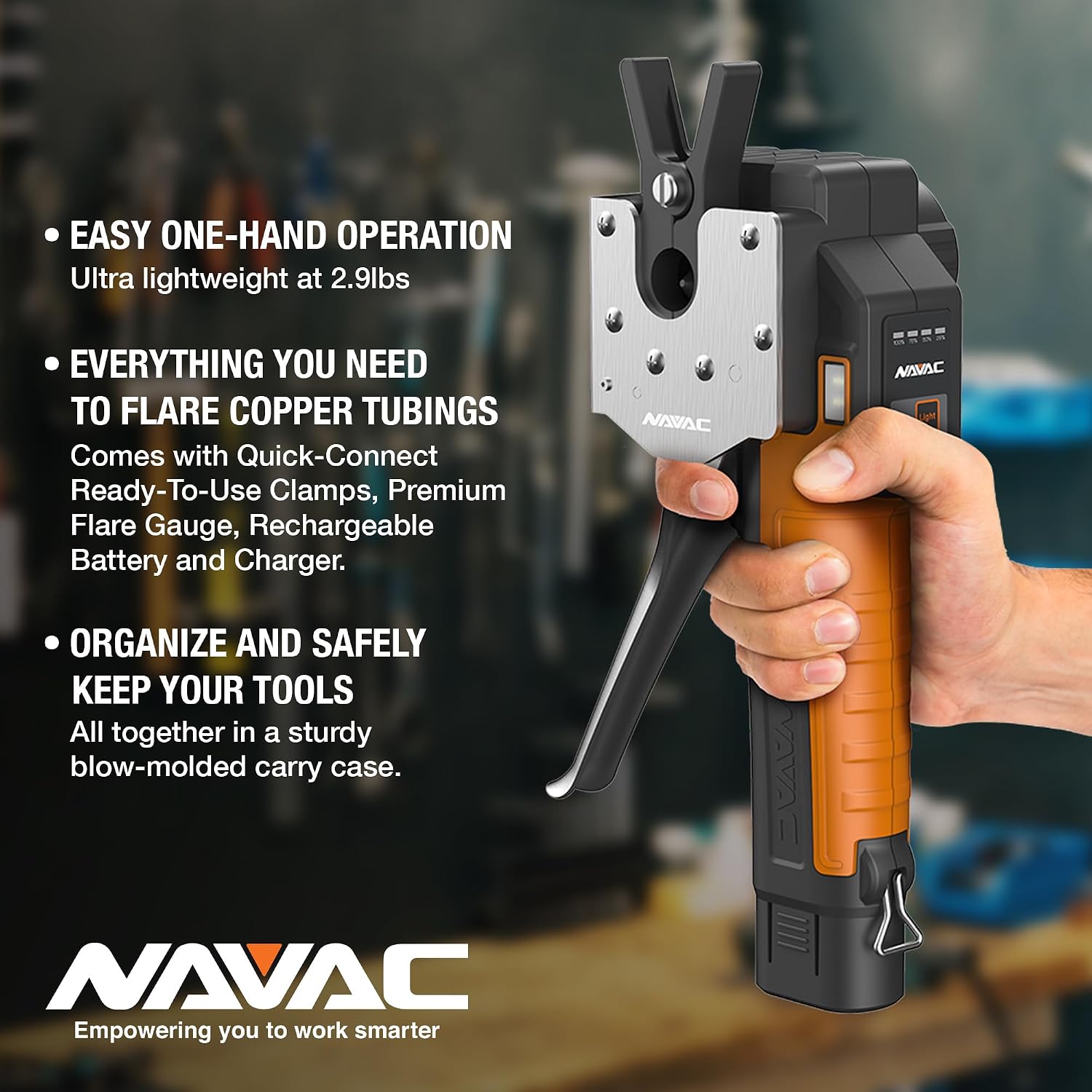 NAVAC NEF6LM BreakFree Power Flaring Tool - Flare Tool for Copper Pipe - 3/4' Max OD - Included Dies and Flare Gauge - Rechargeable Lithium Battery - Quick Charge