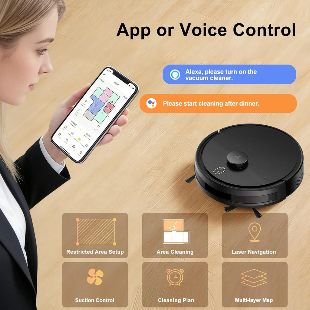 Robot Vacuum and Mop Combo, Robotic Vacuums with LiDAR Navigation, Smart Mapping, Strong Suction, with WiFi/App/Alexa/Voice Control, Obstacle Avoidance, for Home, Wood/Hard Floors, Pet Hair