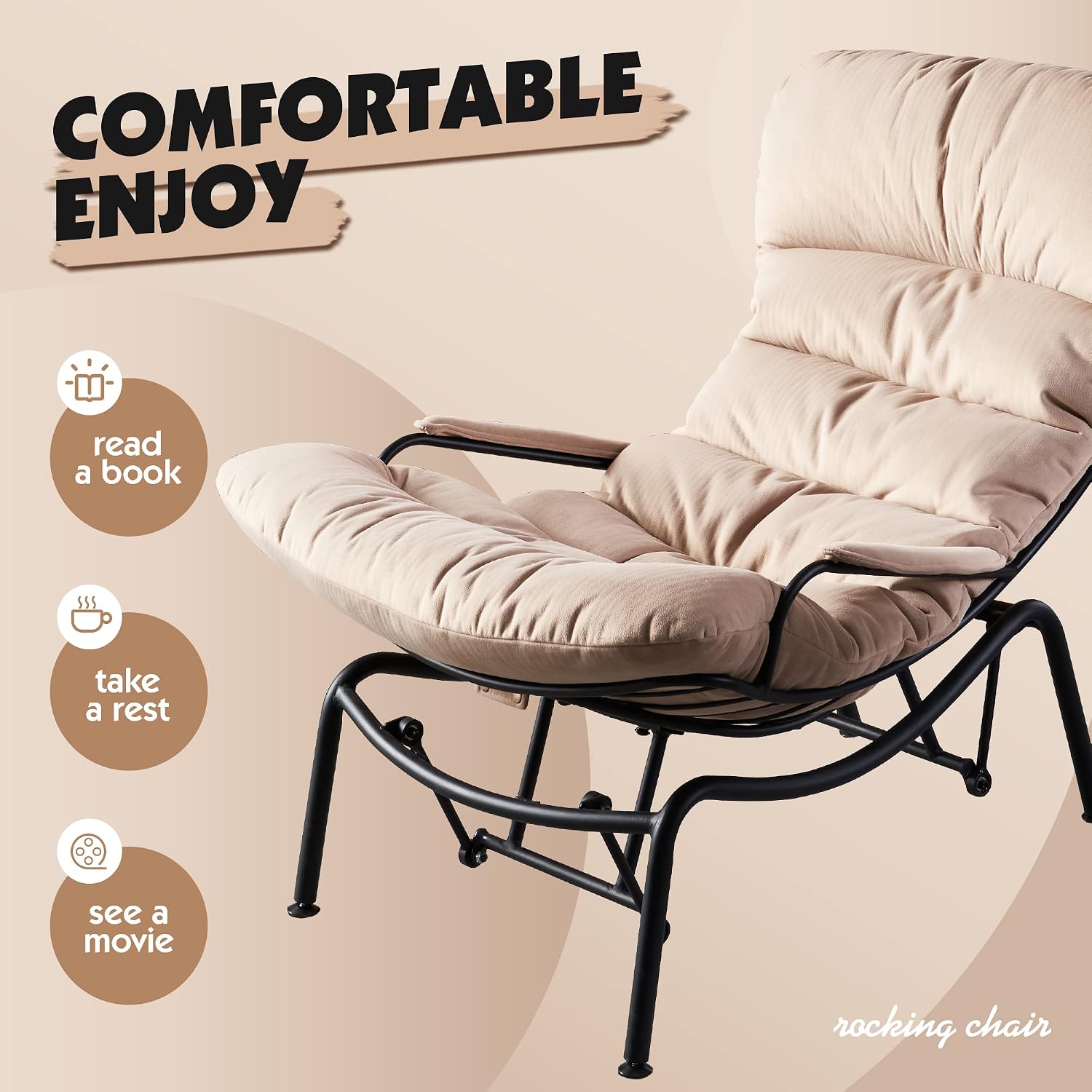ovios Glider Rocking Chair with Ottoman, Mid-Century Modern Recliner Chair with Footrest, Comfy Gliding Rocker Lazy Accent Armchair for Living Room Bedroom, Cloud Flannel Velvet, Beige