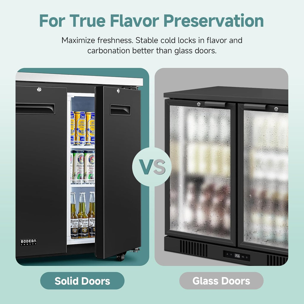 BODEGA BODEGACOOLER Commercial Back Bar Cooler with 2 Solid Doors,12 Cu.Ft Commercial Counter Height Bar Refrigerator,Display Drink Beverage Beer Fridge LED Light,SUS304 Top,4 Casters,Black
