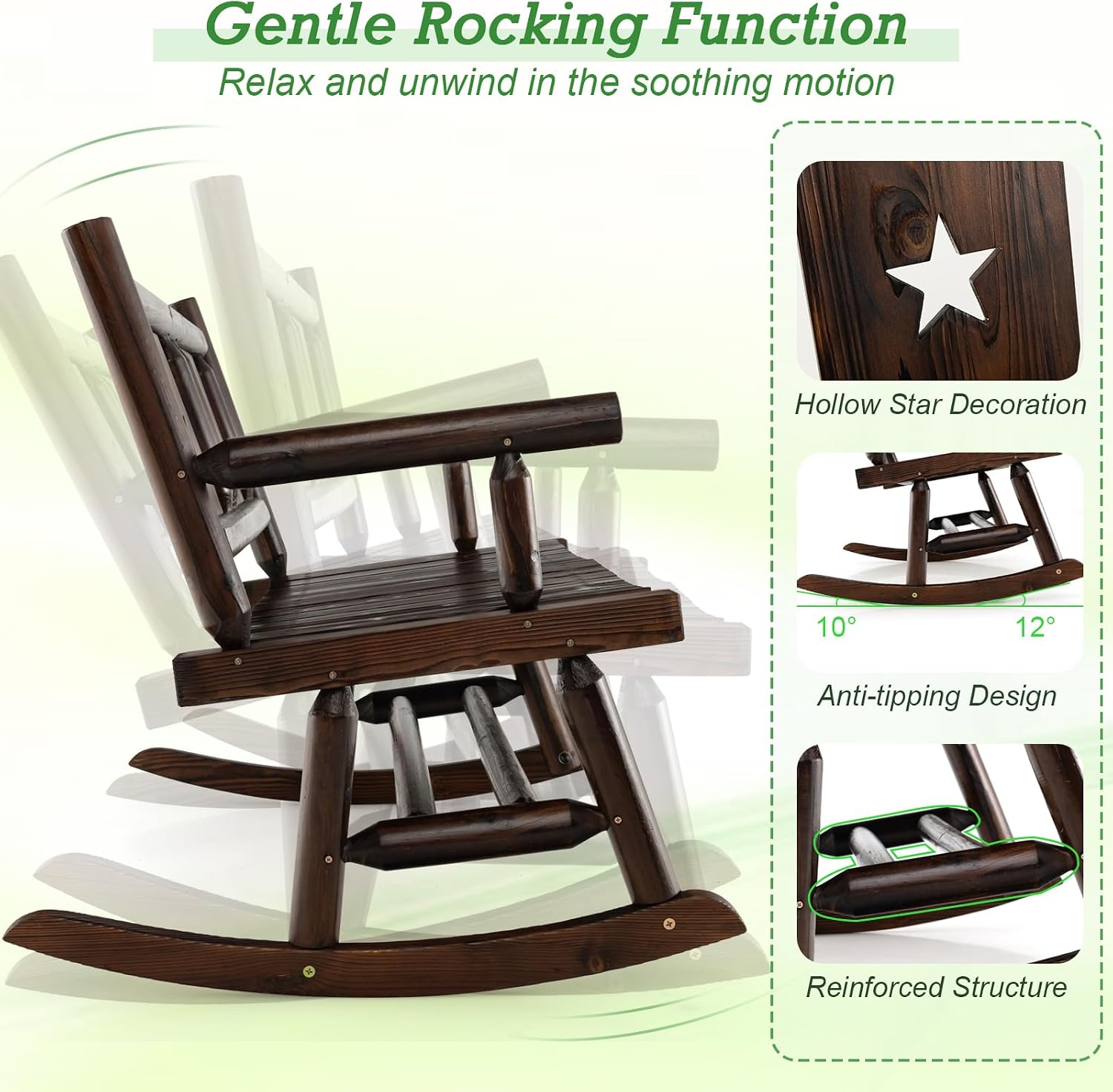 Giantex Outdoor Rocking Bench, Patio Loveseat Rocker for 2 w/Ergonomic Back & Log Arms, Carbonized Fir Wood Frame, Wooden Double Rocking Chair for Porch, Garden, 710 LB Capacity, Rustic Brown
