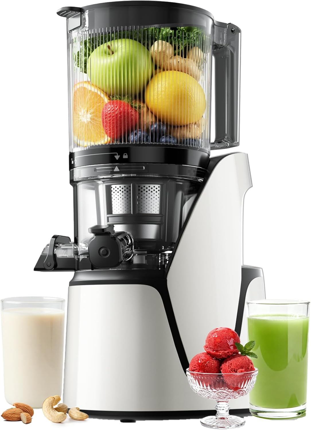 EanOruus Juicer Machines, 3-in-1 Cold Press Juicer with 6.5' Extra Large Chute, 100oz Large Capacity, AC Motor, Makes Juice, Nut Milk & Sorbet, Bright White