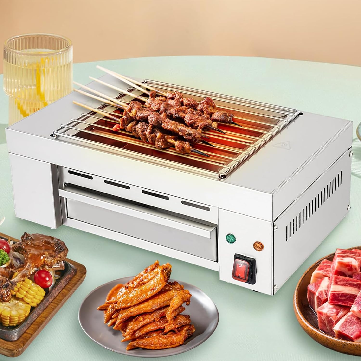 Electric Indoor Outdoor Grill 1500W Countertop BBQ Grill Removable Smokeless Grill Barbecue Oven Grill, Stainless Steel Drip Tray, Temperature Adjustment for Party Cooking Home Commercial