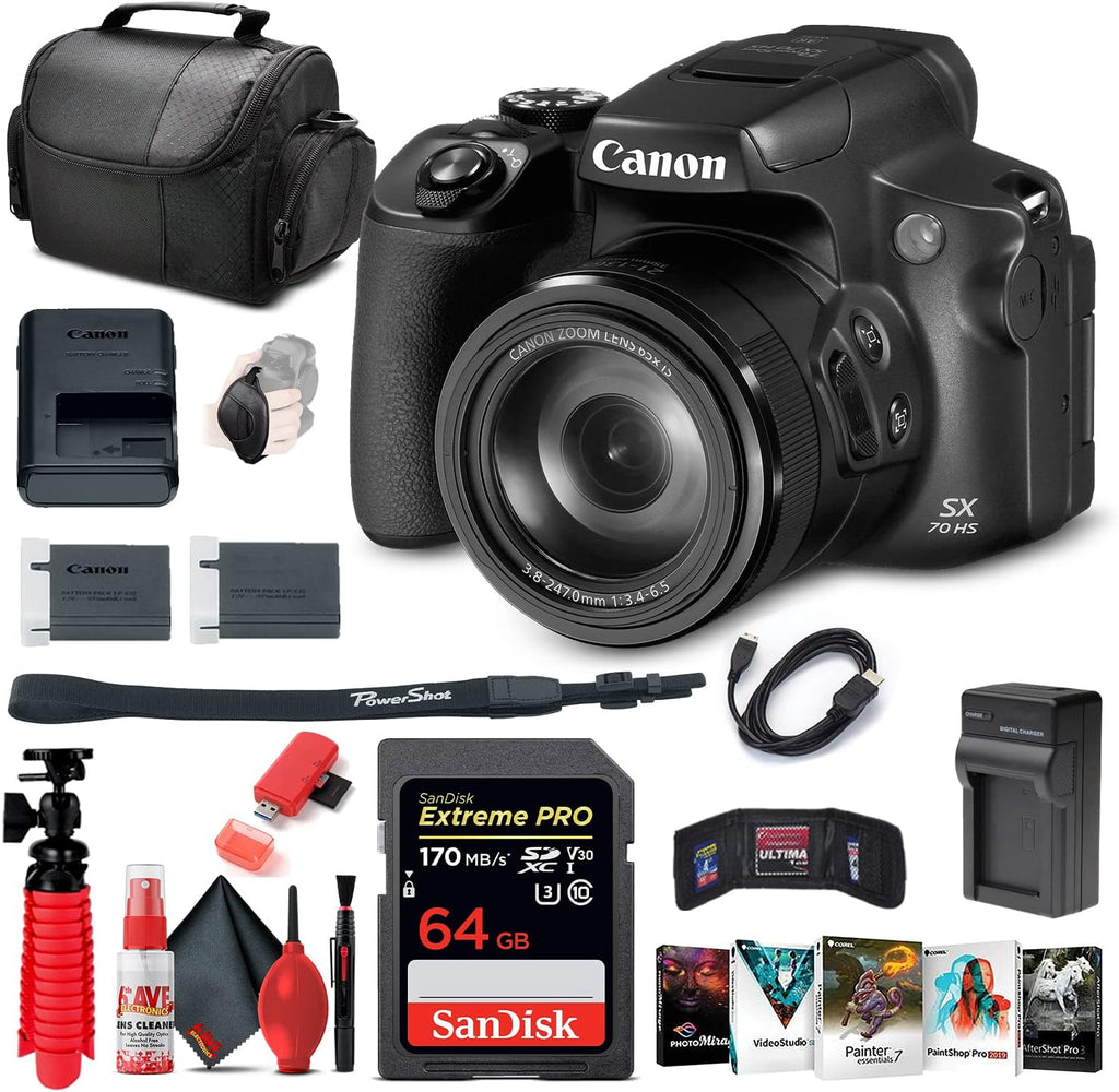 Canon PowerShot SX70 HS Digital Camera (3071C001) + 64GB Card + Corel Photo Software + LPE12 Battery + External Charger + Card Reader + HDMI Cable + Deluxe Soft Bag + Flex Tripod + More