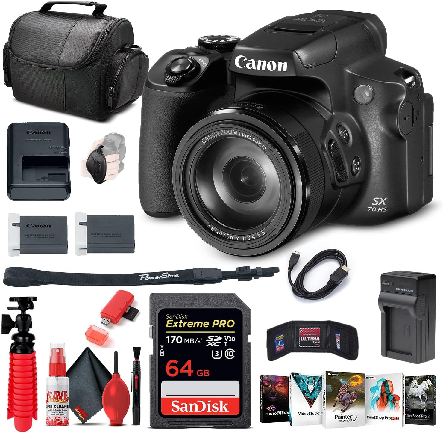 Canon PowerShot SX70 HS Digital Camera (3071C001) + 64GB Card + Corel Photo Software + LPE12 Battery + External Charger + Card Reader + HDMI Cable + Deluxe Soft Bag + Flex Tripod + More