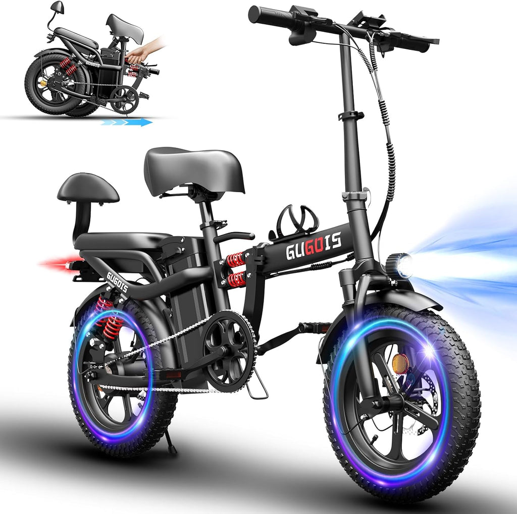 GugoIs 2 Seater Electric Bike for Adults, 750/1000W & 28/30 MPH E-Bike with 748.8/960 Wh Removable Battery, 16/20' Commuter Ebikes, 25-60 Miles, Full Suspension Adults Electric Bicycles