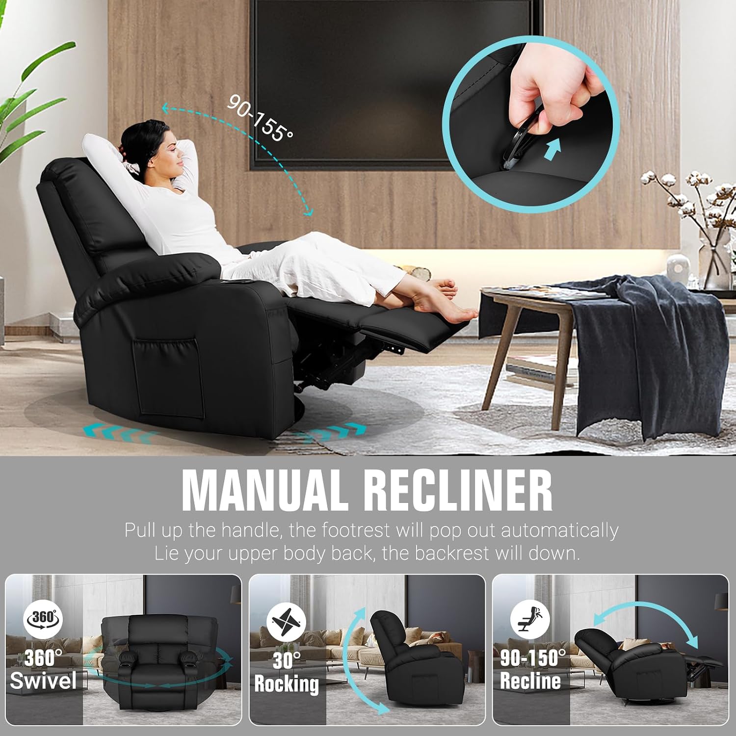 LAFWELL Rocking Recliner Chair, Massage Rocker Recliner Chair with Vibration Massage and Heat, 360° Swivel Faux Leather Chairs, Living Room, Bedroom, Nursery, RV, Black