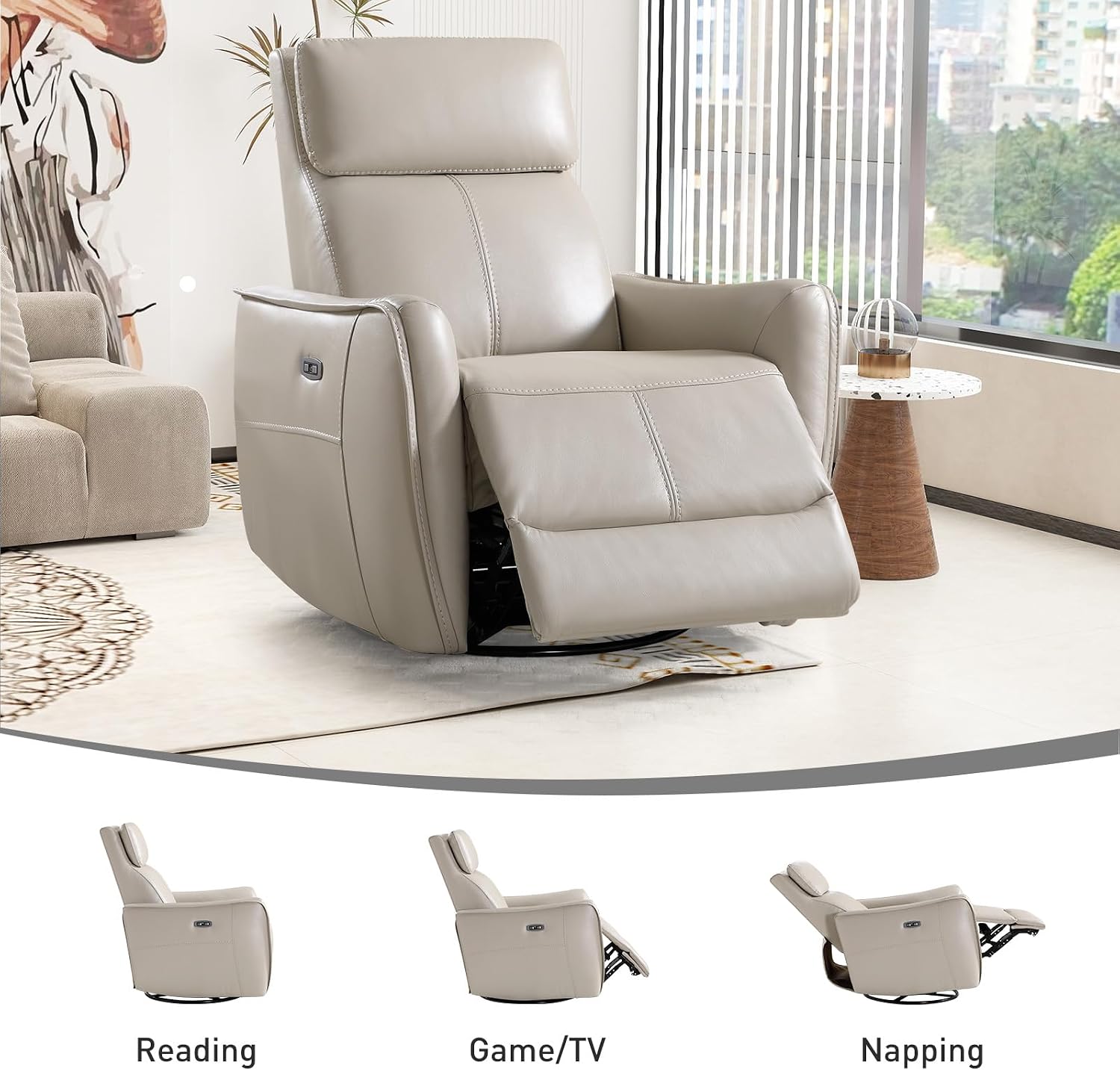 Bonzy Home Power Swivel Rocker Recliner Chair with USB Port, Wide Seat, Head & Lumbar Support, Upholstered Glider Chair for Living Room, Nursery, Silver