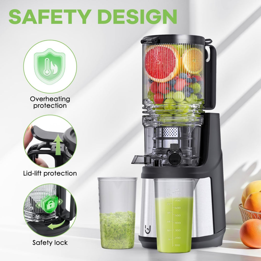 EanOruus Cold Press Juicer, 5.8' Wide Feed Chute Juice Extractor Machine with 400W, High Juice Yield, Slow Masticating Juicer for Whole Vegetables & Fruits, Gray-Stainless Steel