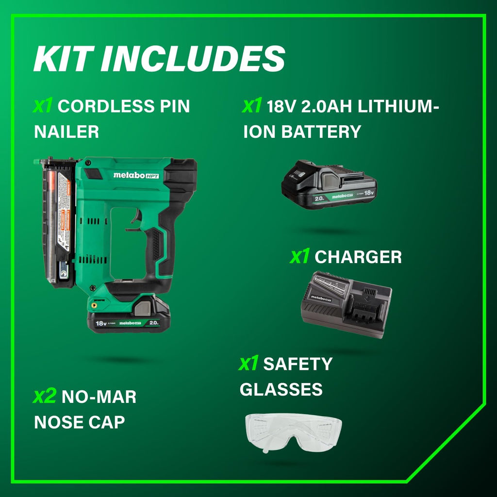 Metabo HPT 18V MultiVolt Cordless Compact Pin Nailer Kit, 23 Gauge Nailer with Power Tool 2.0Ah Lithium Ion Battery, Drives 5/8' to 1-3/8' Headless Pin Nails, 5-Year Warranty, NP1835DA