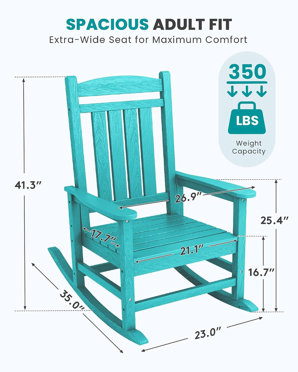 SERWALL Oversized HDPE Outdoor Rocking Chair Set of 2, Patio Rocking Chairs, All-Weather Porch Rockers for Adults, Aruba Blue