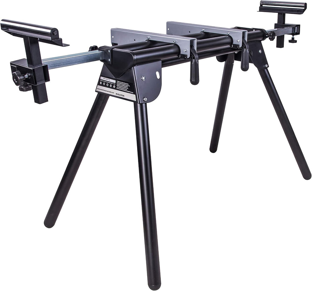 Evolution Power Tools EVOMS1 Miter Saw Stand Compact & Folding, Universal Fits Most Brands, Quick Release Mounting Brackets, Rollers, End Stops for Repeat Cutting , Black