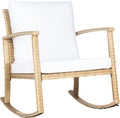 SAFAVIEH Outdoor - Daire Rocking Chair - Natural & White - Steel Frame Faux & Rattan with Cushion - Open-Frame Design - Ideal for Patio, Deck, Porch, Backyard, 14.4' Seat Height (PAT7721D)