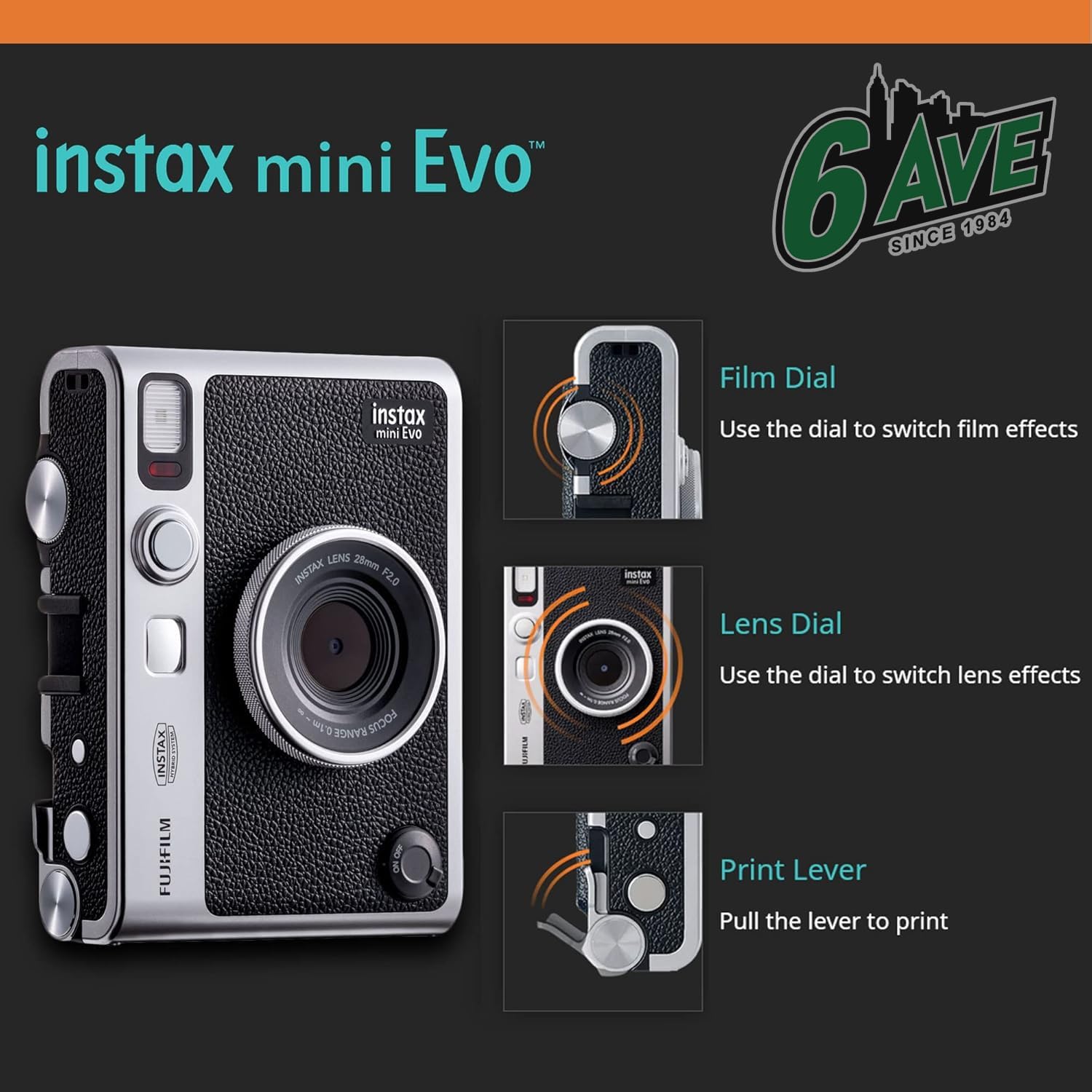 Fujifilm Instax Mini EVO Hybrid Instant Camera (Black) Bundle with Instax-Mini Twin Pack Instant-Film 40 Sheets + 32GB Memory Card + Vintage Black Mini-Evo Camera Case + Cleaning Cloth