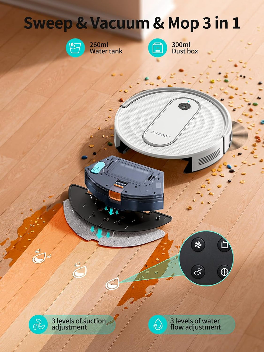 Airzeen Robot Vacuum and Mop with 4000Pa Powerful Suction, 3-in-1 Cleaning, Smart APP & Alexa Control, Self-Charging Robot Vacuum for Pet Hair, Carpets & Hard Floors