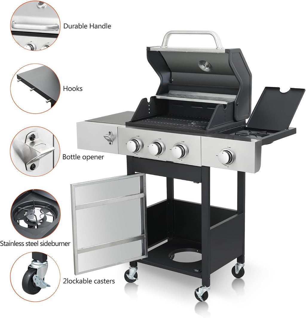 BBQ Grill, 3-Burner Propane Gas Grill with Side Burner, 37,230 BTU Output, Enameled Cast Iron Cooking Grids & Stainless Steel Front Door for Outdoor BBQ, Camping, and Family Gatherings