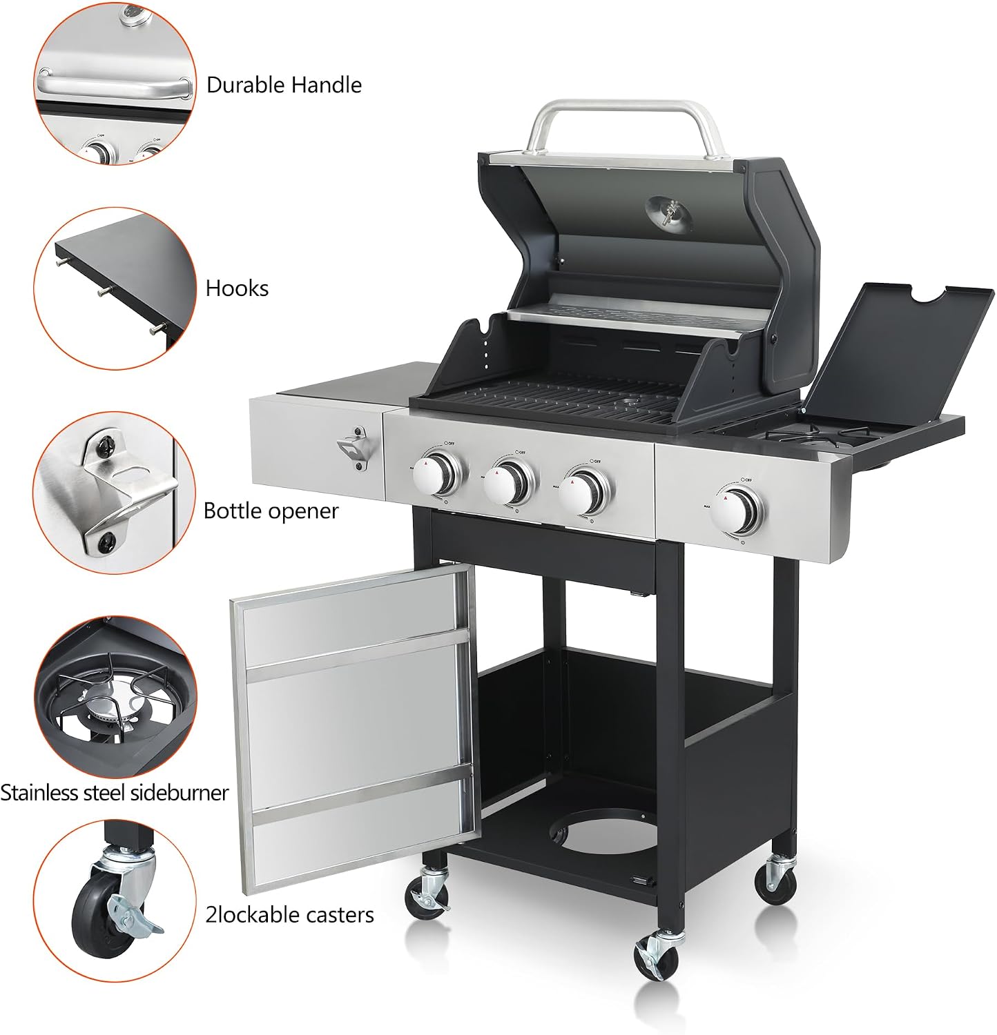 BBQ Grill, 3-Burner Propane Gas Grill with Side Burner, 37,230 BTU Output, Enameled Cast Iron Cooking Grids & Stainless Steel Front Door for Outdoor BBQ, Camping, and Family Gatherings
