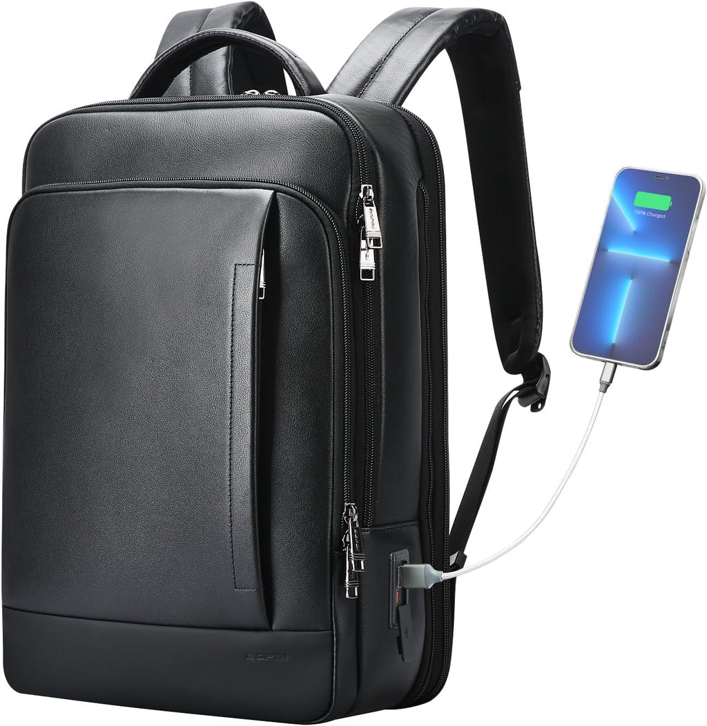 BOPai Genuine Leather Backpack for Men Multi-Function Expand 15.6 inch Business Laptop Backpack Travel Smart with USB Charging Backpack Office Black