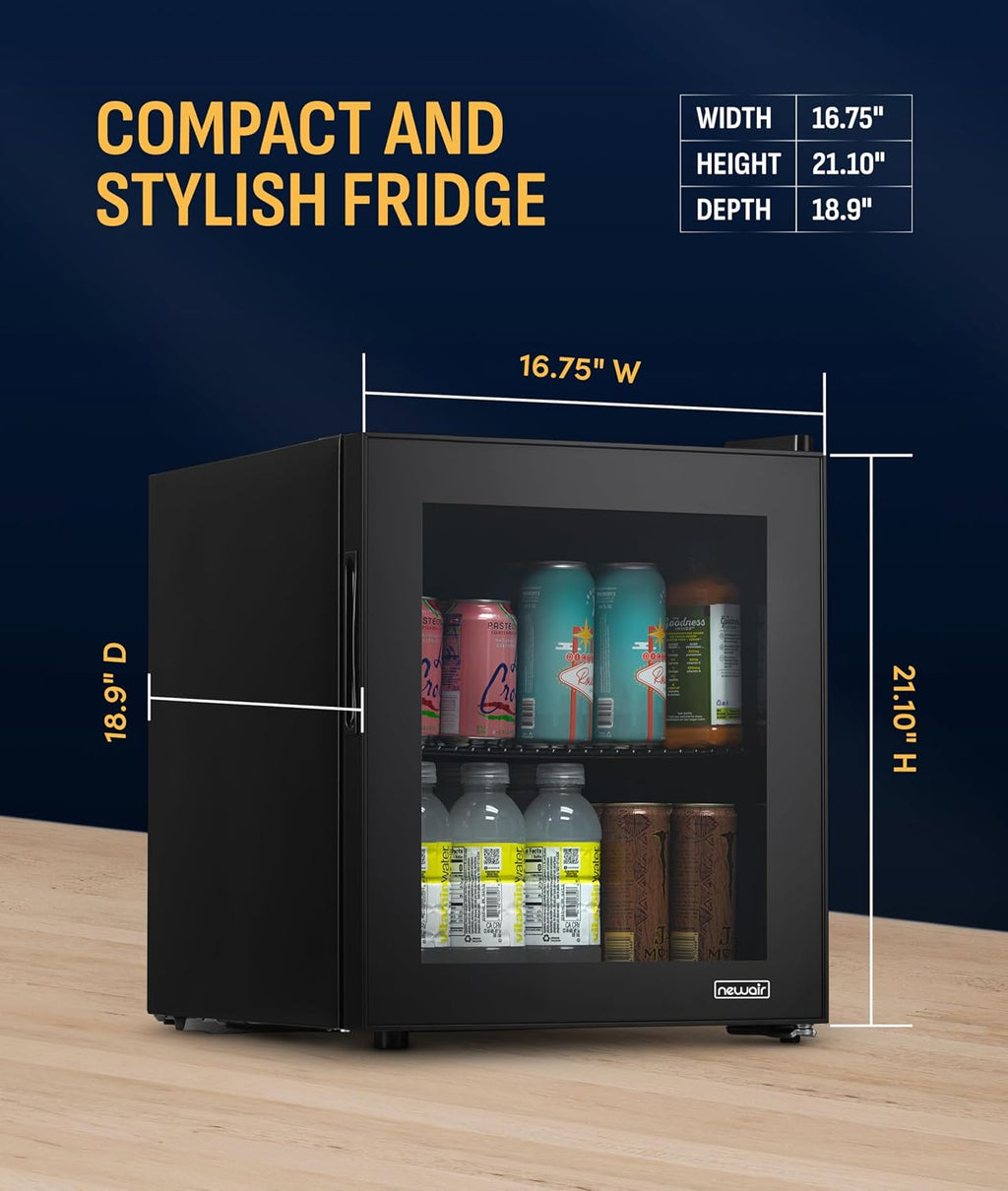 NewAir 60 Can Beverage Refrigerator | Compact Freestanding Mini Fridge for Bedroom, Dorm, Office or Gaming Room | Glass Door, Adjustable Shelf & Quiet Cooling | Black
