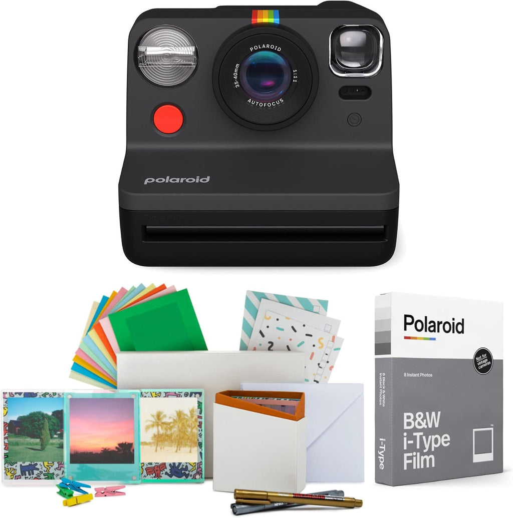 Polaroid Now 2nd Generation I-Type Instant Film Camera (Black), Shoot and Print Bundle with Magnetic/Hanging Photo Frames and Black & White Film Instant Film (8 Exposures) (3 Items)