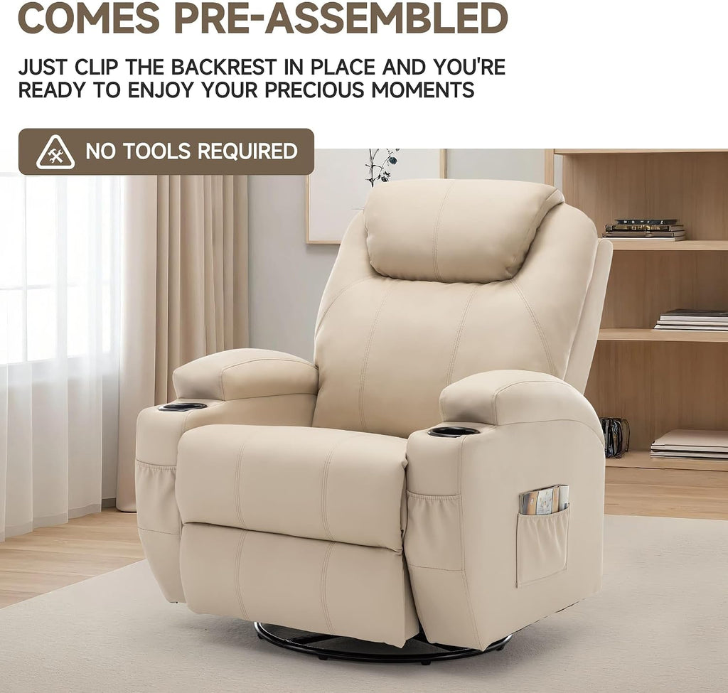 Korser Recliner Chair, Rocking Chair with Massage and Heat, 360° Swivel Recliner Chairs for Adults, Rocker Manual Recliner with Remote Control and Cup Holder for Living Room, Bedroom, Nursery