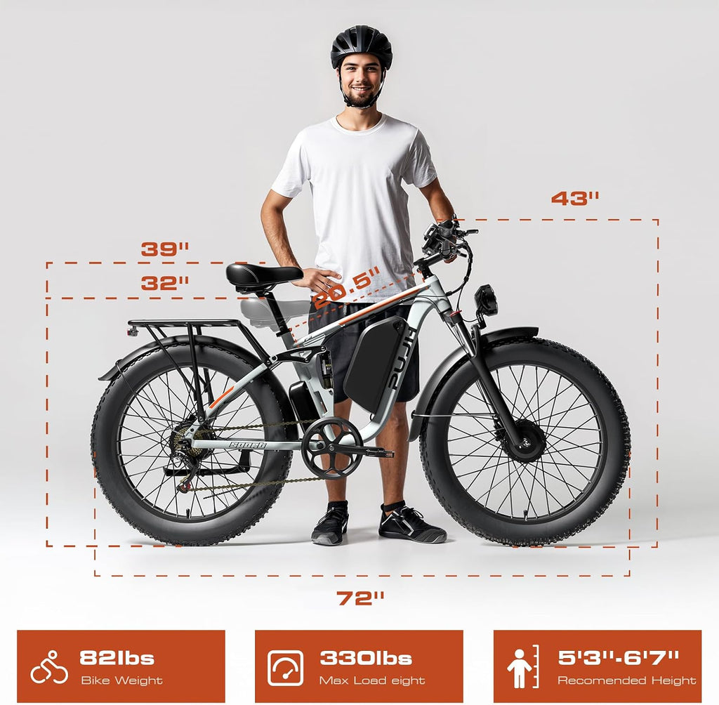 Electric Bike, 52V 25Ah 4000W Dual Motors, 24' Fat Tires Adult, 38mph Up to 110 Mile Range, Full Suspension, Hydraulic Brakes Class 3 Ebike, for Off-Road Mountain Riding Adventures