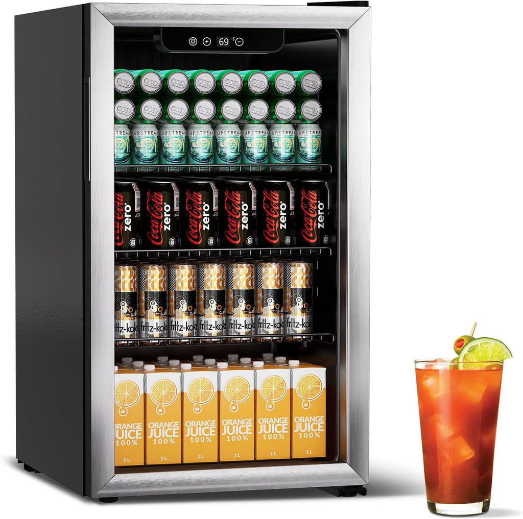 Erivess 3.0 Cubic Feet/105 Can Beverage Refrigerator,28 Inch Fridge with Adjustable Shelve & LED Display for Soda Beer or Wine, Drink Refrigerator for Home Bar Office(Silver)