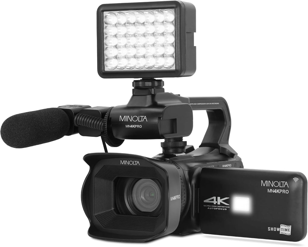 Minolta 64MP Autofocus Video Camera with Microphone & Video Light, 4' Touchscreen, 4K Ultra HD Video, 18x Digital Zoom, WiFi, Stabilizer, 32GB Card, 3100mAh Battery, Carrying Bag (Black)