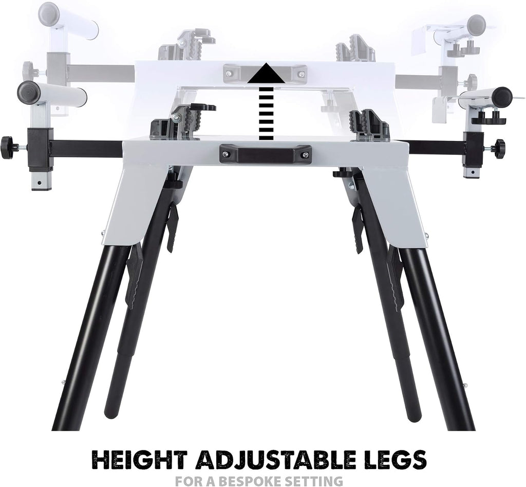 Evolution Power Tools 005-0002 Chop Saw Stand with Universal Fitting, Height Adjustable, 3M Extendable Arms & Supports Upto 225KG,Black/ Silver