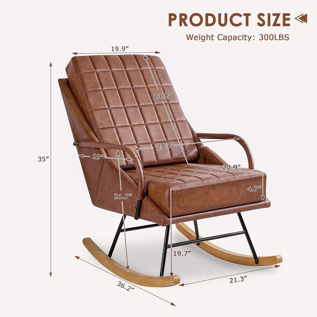 VECELO Rocking Chair Nursery, Over Size Leather Glider Rocker with High Backrest, Upholstered Removable Back, Brown