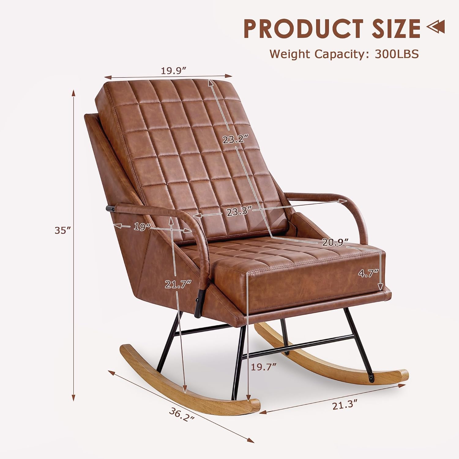 VECELO Rocking Chair Nursery, Over Size Leather Glider Rocker with High Backrest, Upholstered Removable Back, Brown