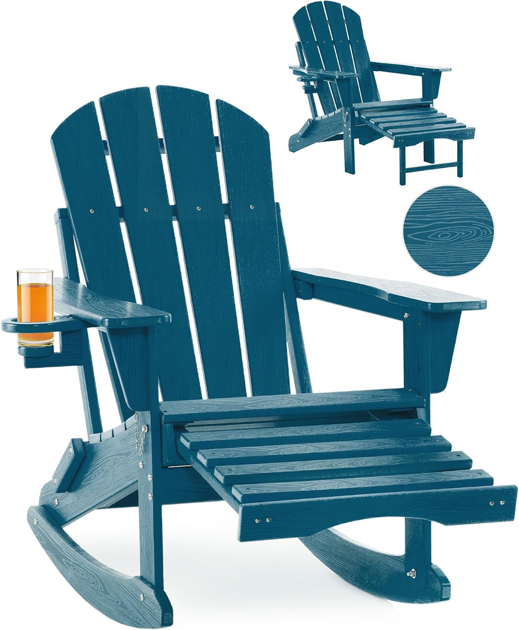 Folding Adirondack Rocking Chair,4-in-1 Multifunctional Patio Chair with Retractable Ottoman, Outdoor Chair Wood Texture, Lawn Chair for Porch, Backyard, Pool(Navy Blue)