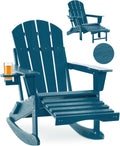Folding Adirondack Rocking Chair,4-in-1 Multifunctional Patio Chair with Retractable Ottoman, Outdoor Chair Wood Texture, Lawn Chair for Porch, Backyard, Pool(Navy Blue)