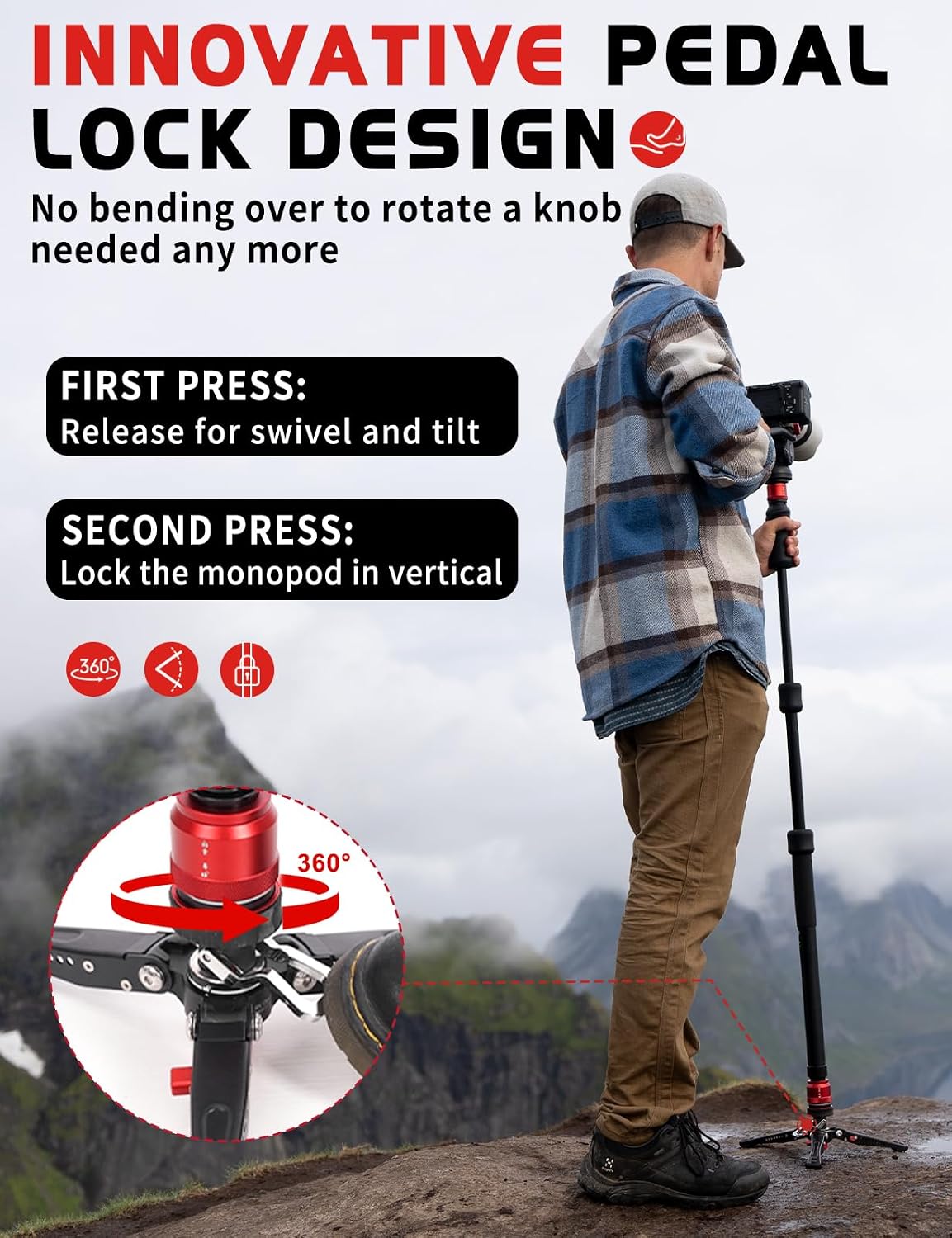 IFOOTAGE Monopod Cobra 3 Strike A150S+K5S, 59' Monopod for Camera Aluminum Travel Monopod with Feet, 1/4'' & 3/8'' Quick Release Compatible with Sony Canon Nikon DSLR Camera, Payload 11Lb