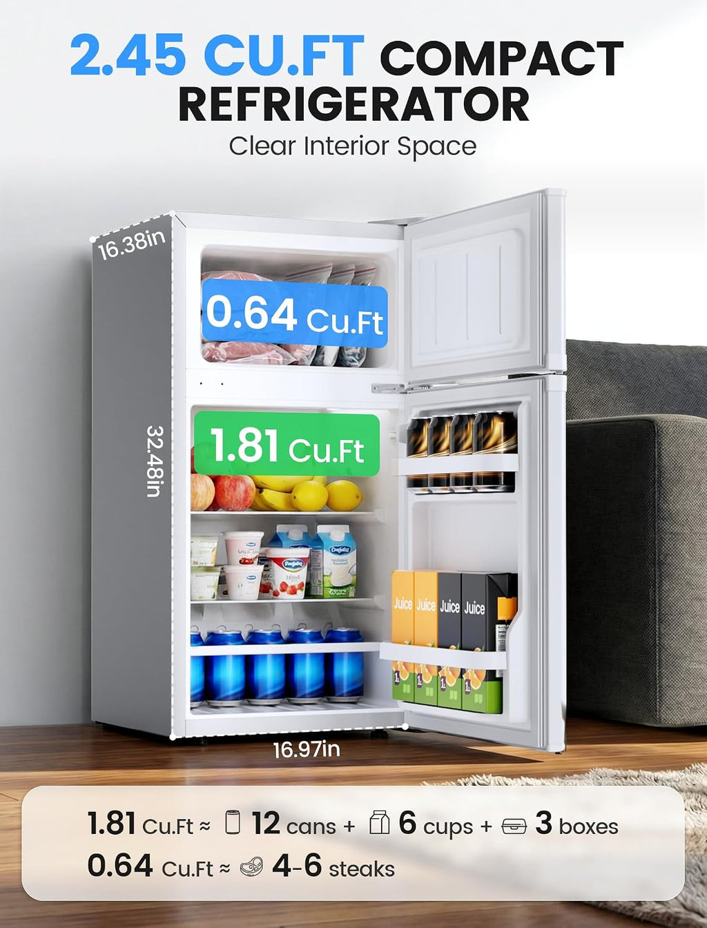 COWSAR 2.5 Cu.Ft Dorm Fridge with Freezer, Double Reversible Door Compact Refrigerator with 2 Removable Shelves, Commercial Drink Fridge for Bedroom, Office, Kitchen, Dorm, White